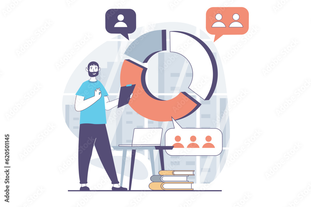 Leinwandbilder focus group concept with people scene in flat design for web. man works with pie chart with differen