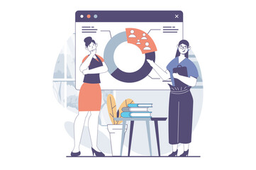 Focus group concept with people scene in flat design for web. Women works with pie chart presentation and analyzing target audience. Vector illustration for social media banner, marketing material.