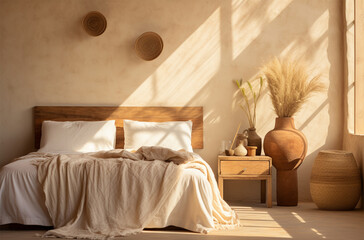 Interior of modern bedroom with wooden bed, pillows and plants