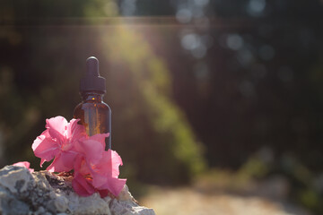 Natural flower extract. Therapy with the "BACH" method Mock-up for a cosmetic product, space for a description.