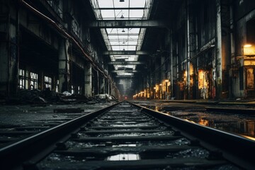 Fototapeta na wymiar Abandoned factory in the city with street train bridge Generative AI 