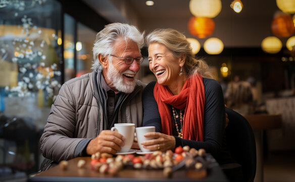 older couple, people, drinking coffee together happiness on retirement, grey hair, wrinkled faces, concept of happy couple, togetherness and happiness.