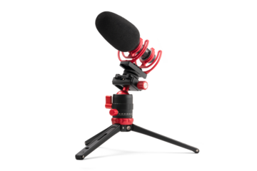 On Camera Hotshoe Mount Microphone with Windscreen and Shock Mount On Small Mini Aluminum Tabletop Tripod Isolated with Shadow
