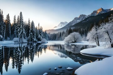 Fototapeta na wymiar winter landscape with lake and mountains