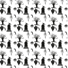 Colorful Happy Halloween seamless pattern background for spooky holiday design. October words for trick or treat banner, background, paper, or textile.