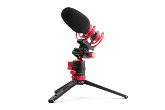 On Camera Hotshoe Mount Microphone with Windscreen and Shock Mount On Small Mini Aluminum Tabletop Tripod Isolated with Shadow