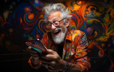 Fototapeta na wymiar Happily smiling older man with grey hair and glasses holding a cellphone in his hands with very happy face expression, sitting in a bar. Received great message concept, bokeh background.