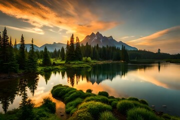 Fototapeta premium sunset over lake