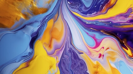 Abstract Modern Background with Dynamic Fluid Shapes in Vivid Dark Purple, Yellow, and Blue Hues - Futuristic Flowing Melted Liquid Wallpaper - Generative AI