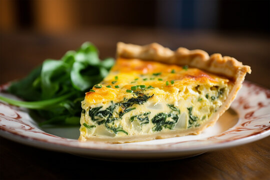 Slice of traditonal homemade spinach chicken quiche tart or pie on plate