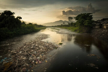 Fototapeta na wymiar Indonesian River With a High Pollution of Plastic Waste. Generative AI