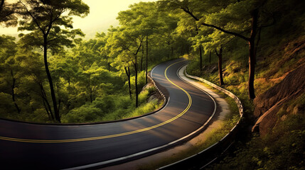 Fototapeta premium Long Curvy Forest Road In Alpine Mountains