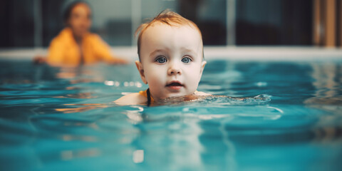 Fototapeta na wymiar Generative AI, a small child learns to swim in the pool, baby swimming, blue water, cute children, swimming training advertisement, space for text, big eyes, early development, healthy lifestyle