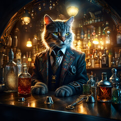 Cat Bartender serving a glass of an alcohol drick at the bar counter. Amazing digital illustration. CG Artwork Background