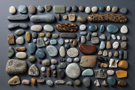 The pebbles are laid out in the shape of a rectangle, stone knolling. Generative AI.