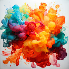 Abstract explosion of colors in paint splashes, isolated on white. Mixed liquid vivid flow, curved dynamic fluid for creative background - Generative AI