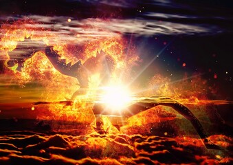 3d illustration of a fire dragon rising in the sky with the sun in the background