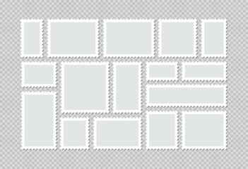 Blank frames for mail letter. Post stamps. Empty stamps set. Postal shapes border. Collection paper postmarks. Postage perforated templates isolated on background. Vector illustration. Flat design.