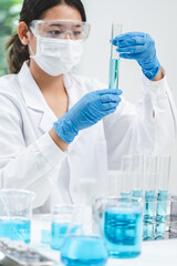 medicine research in chemical laboratory, chemist scientist working with liquid experiment test analysis by using scientific tube beaker glassware, chemistry science pharmaceutical medical lab concept - obrazy, fototapety, plakaty