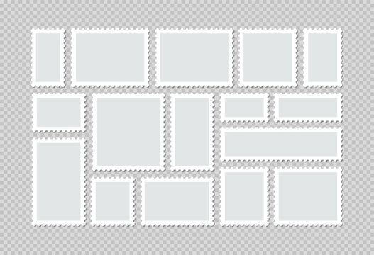 Blank frames for mail letter. Post stamps. Empty stamps set. Postal shapes border. Collection paper postmarks. Postage perforated templates isolated on background. Vector illustration. Flat design.