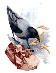 Crow with french fries, animals in the city. Watercolor illustration. Postcard, print, sticker  