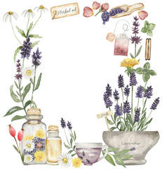 Obraz na płótnie Canvas Hand drawn watercolor herbal elements illustration: herbs lavender, lemon, mint, tea leaves, roses petal, daisy, dandelion frame. Corner border clipart