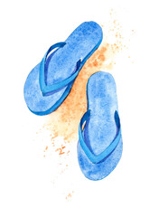 Blue flip flop. Watercolor illustration. Print, sticker, postcard