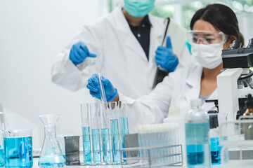 professional health care researchers working in life of medical science laboratory, technology of medicine chemistry lap experiment test for hospital, scientific specialist of chemist pharmacy