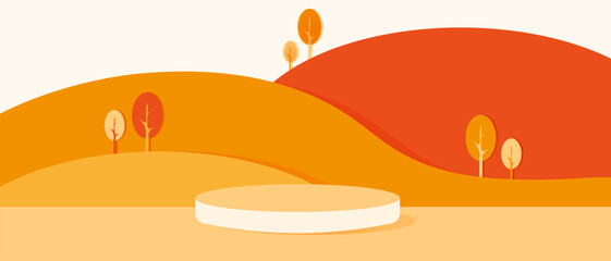 White cylinder Podium on orange nature mountains landscape in Cut out paper style. Season 3d Paper cut template for Advertising banner with base. Vector illustration. 