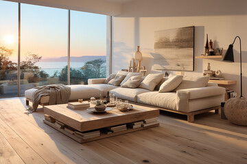 A living luxurary room of a beautiful bright modern Scandinavian style house, generative AI	