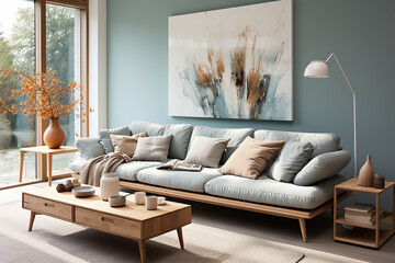 A living luxurary room of a beautiful bright modern Scandinavian style house, generative AI	