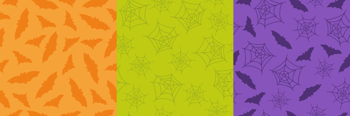 Set of halloween seamless patterns. Vector endless backgrounds. Cartoon flat style.