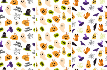 Set of halloween seamless patterns. Vector endless backgrounds. Cartoon flat style.
