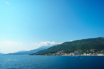 seascape during a voyage on a yacht in the Bay of Kotor, Montenegro, bright sunny day, mountains and sea, travel