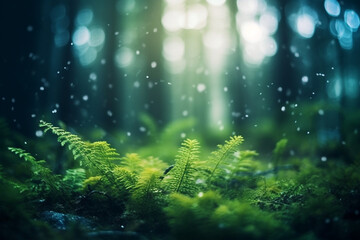 Blurred forest in the morning, defocused trees background with bokeh effect. Generative AI. - 620505306