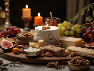 Fototapeta na wymiar pâté arranged alongside a variety of cheeses, fruits, and nuts on a marble platter