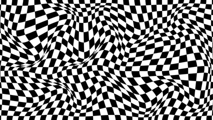 Psychedelic optical illusion. Abstract vector distorted background with black and white square cells. Op art pattern textures.