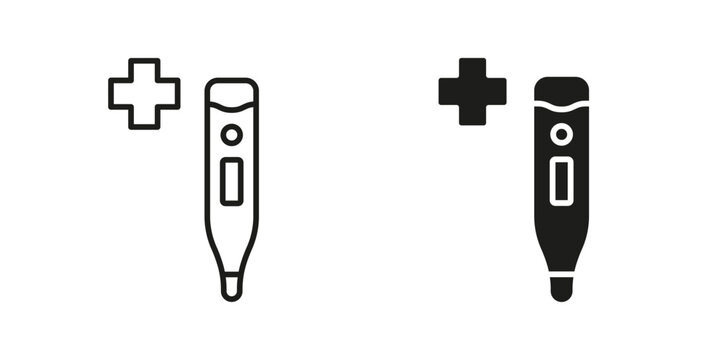 Thermometer Line and Silhouette Black Icon Set. Medical Tool for Temperature Control Pictogram. Celsius, Electronic Thermometer Symbol Collection. Health Care Instrument. Isolated Vector Illustration