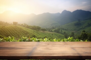 Blank Wooden Board Mockup with Green Tea Plantation Background, Perfect for Product Display and Decoration