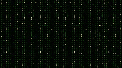 Matrix background. Cyber security with binary code. Rapidly falling randomly green numbers. Decoding algorithms hacked software. Big data visualization.