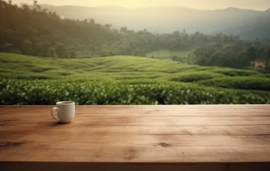 Keuken foto achterwand Chocoladebruin Blank Wooden Board Mockup with Green Tea Plantation Background, Perfect for Product Display and Decoration