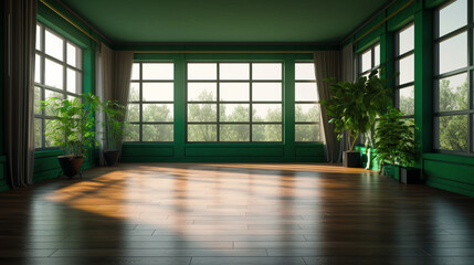 Interior empty light apartment with wooden parquet and green walls. Modern design. Big room with copy space. Generative AI	
