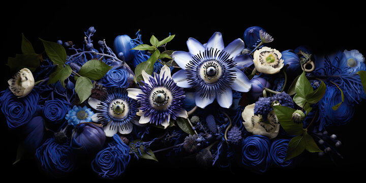 blue flower background with passion flowers, passiflora. 