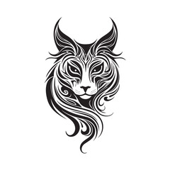Cat face logo in tribal art tattoo style, silhouettes, line art