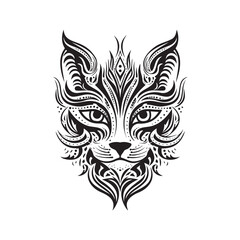 Cat face logo in tribal art tattoo style, silhouettes, line art