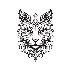Cat face logo in tribal art tattoo style, silhouettes, line art