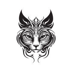 Cat face logo in tribal art tattoo style, silhouettes, line art