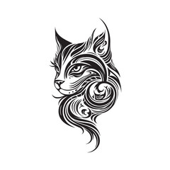 Cat face logo in tribal art tattoo style, silhouettes, line art