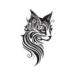 Cat face logo in tribal art tattoo style, silhouettes, line art
