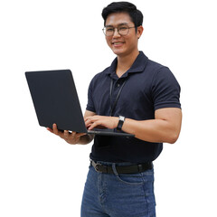 close up young manager asian businessman hold laptop and type while looking on transparent background for png design as business and working people concept